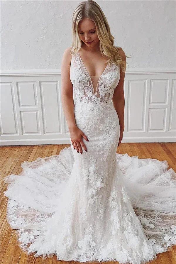 Glamorous Long Straps V-Neck Lace Mermaid Detachable Wedding Dresses by BIZTUNNEL