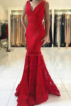Glamorous Long V-neck Lace Mermaid Red Prom Dress by BIZTUNNEL