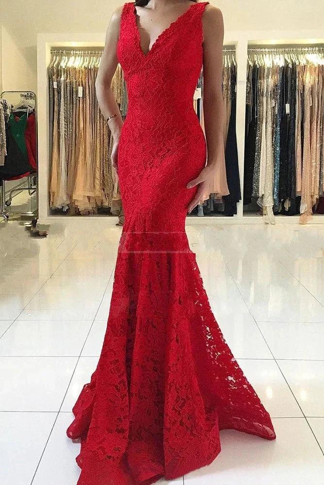 Glamorous Long V-neck Lace Mermaid Red Prom Dress by BIZTUNNEL
