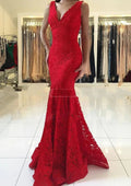 Glamorous Long V-neck Lace Mermaid Red Prom Dress by BIZTUNNEL