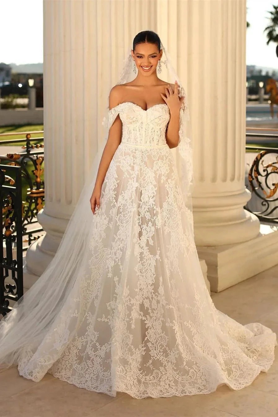 Glamorous Long White A-line Off-the-shoulder Lace Wedding Dress by misshow.com