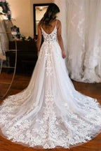 Glamorous Long White A-line Spaghetti Straps Lace Sleeveless Wedding dresses With Slit by misshow.com