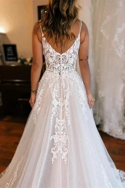 Glamorous Long White A-line Spaghetti Straps Lace Sleeveless Wedding dresses With Slit by misshow.com