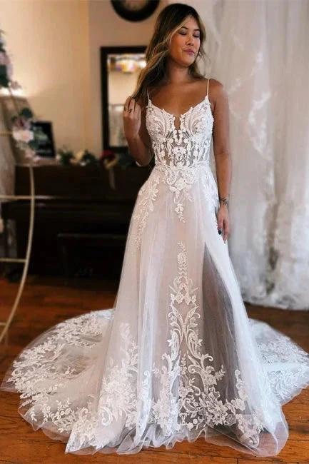 Glamorous Long White A-line Spaghetti Straps Lace Sleeveless Wedding dresses With Slit by misshow.com