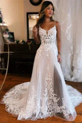 Glamorous Long White A-line Spaghetti Straps Lace Sleeveless Wedding dresses With Slit by misshow.com
