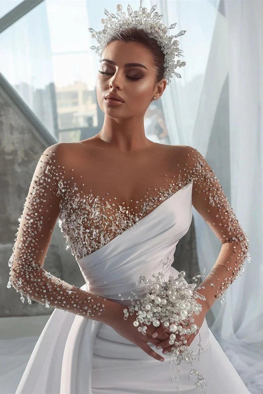 Glamorous Long White Long Sleeves Satin Crystal Wedding Dress With Detachable Train by misshow.com
