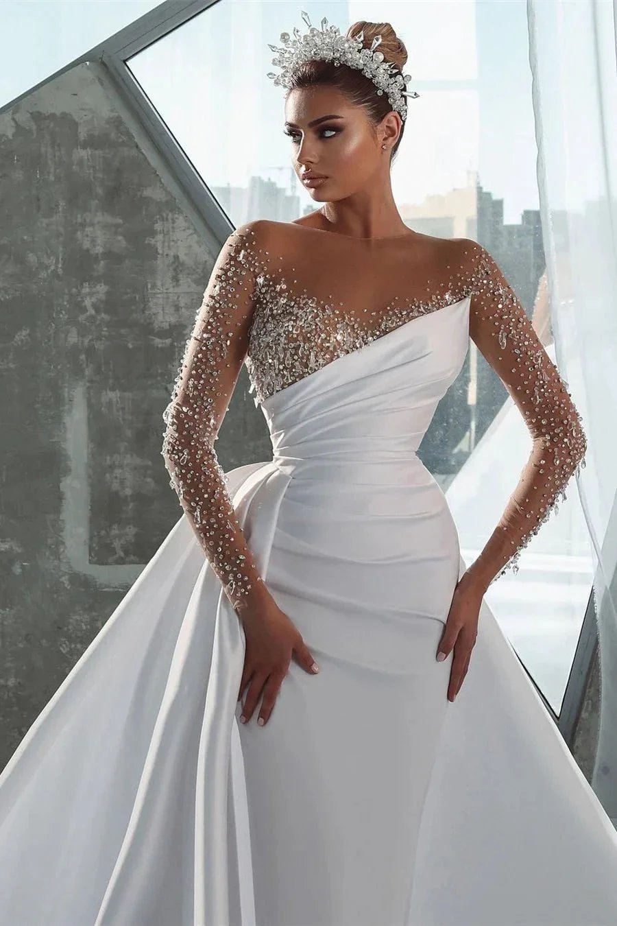 Glamorous Long White Long Sleeves Satin Crystal Wedding Dress With Detachable Train by misshow.com