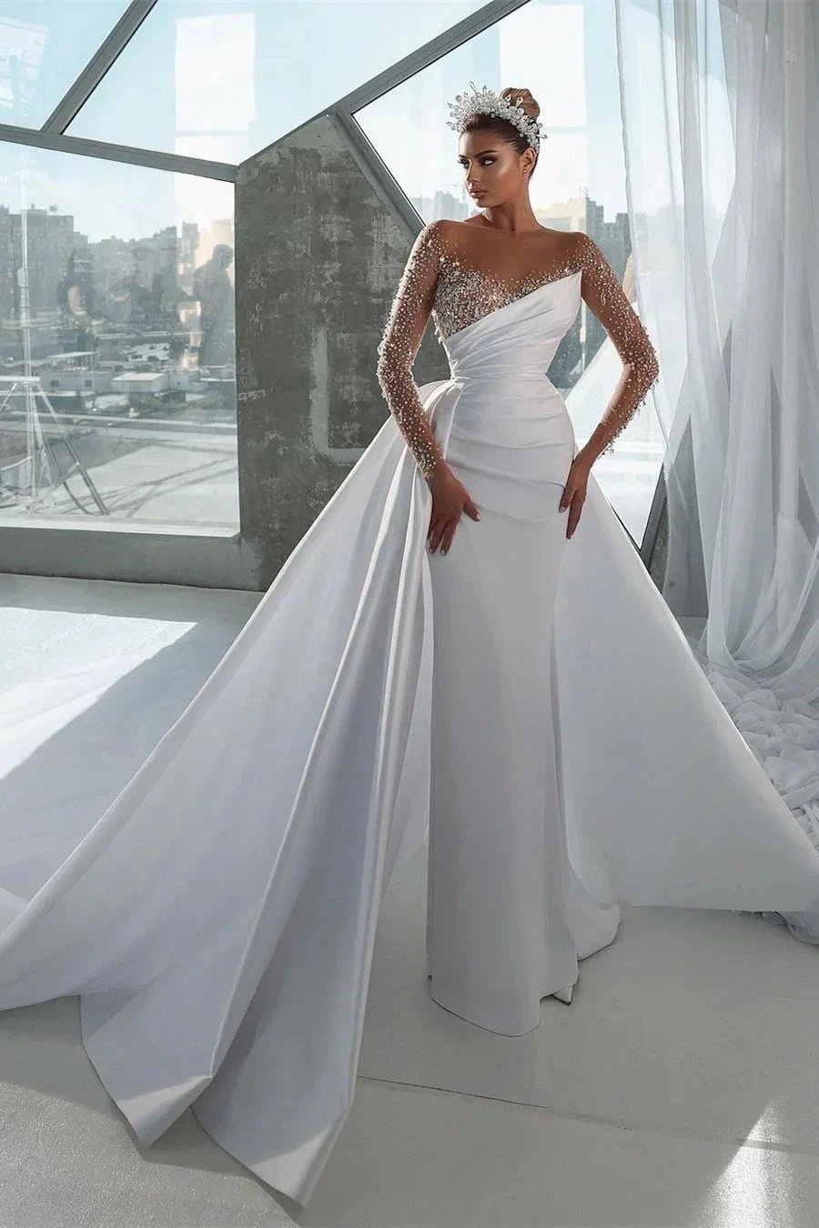 Glamorous Long White Long Sleeves Satin Crystal Wedding Dress With Detachable Train by misshow.com