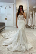 Glamorous Mermaid Sleeveless Appliques Lace Wedding Dress With Train by misshow.com