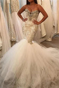 Glamorous Mermaid Tulle Wedding Dress Lace Sweetheart Crystal Bridal Wears by misshow.com