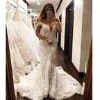 Glamorous Off-the-Shoulder Long Sleeves V-Neck Appliques Mermaid Wedding Dress by misshow.com