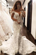 Glamorous Off-the-Shoulder Long Sleeves V-Neck Appliques Mermaid Wedding Dress by misshow.com