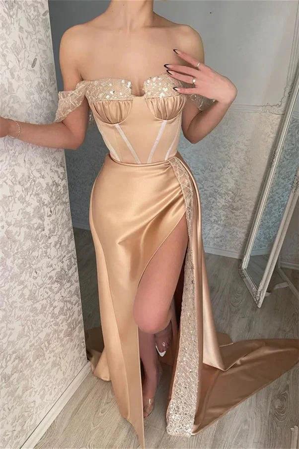 Glamorous Off-the-shoulder Sequined Sleeveless Mermaid Prom Dress With Slit by misshow.com