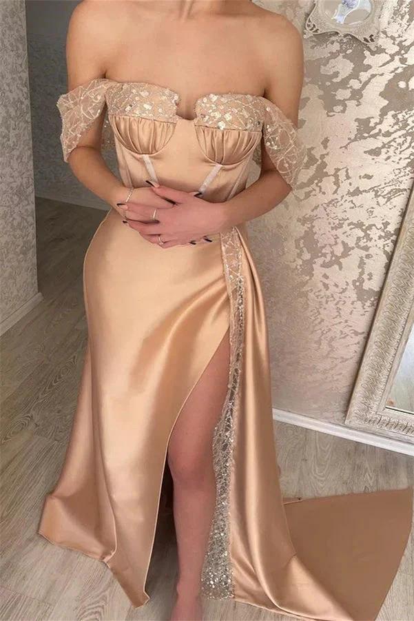 Glamouröses schulterfreies, ärmelloses Meerjungfrau-Ballkleid mit Pailletten und Schlitz