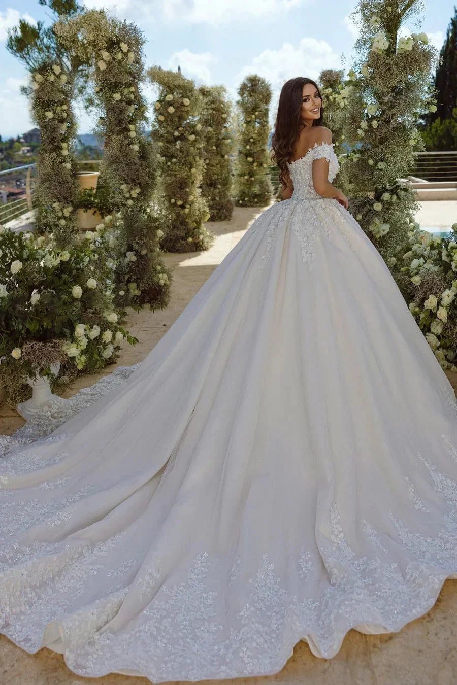 Glamorous Off-the-shoulder V-neck Appliques Lace A-line Wedding Dress by misshow.com