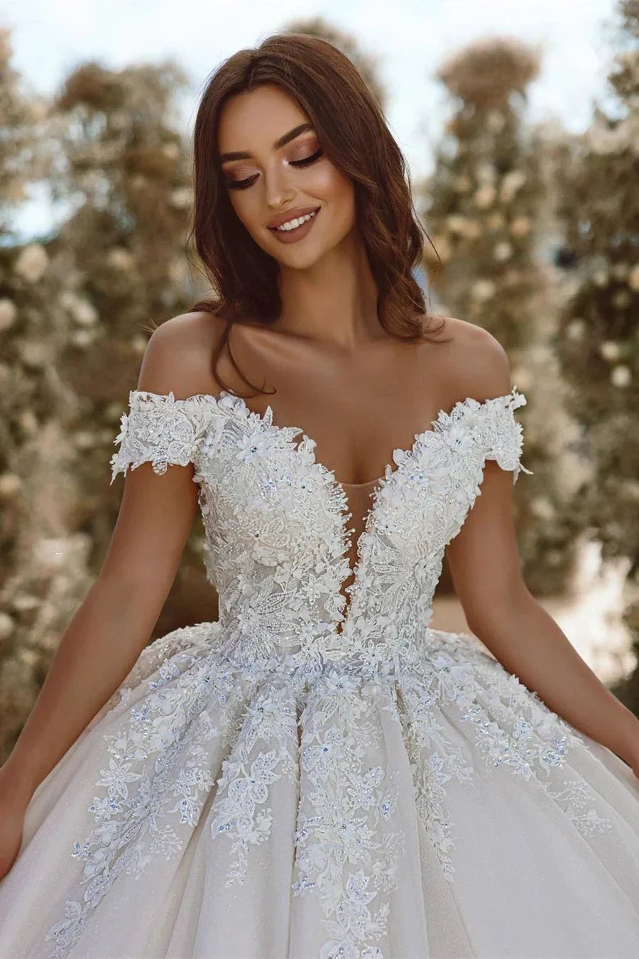 Glamorous Off-the-shoulder V-neck Appliques Lace A-line Wedding Dress by misshow.com