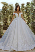 Glamorous Off-the-shoulder V-neck Appliques Lace A-line Wedding Dress by misshow.com