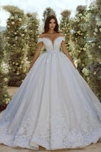 Glamorous Off-the-shoulder V-neck Appliques Lace A-line Wedding Dress by misshow.com