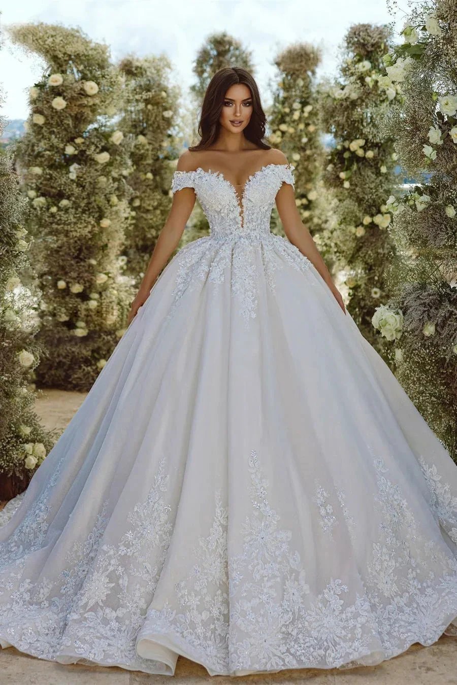 Glamorous Off-the-shoulder V-neck Appliques Lace A-line Wedding Dress by misshow.com