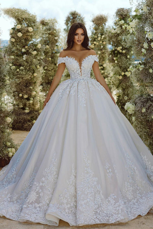 Glamorous Off-the-shoulder V-neck Appliques Lace A-line Wedding Dress Hover Image