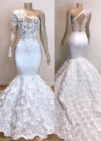 Glamorous One Shoulder Long Sleeve White Prom Dress by misshow.com