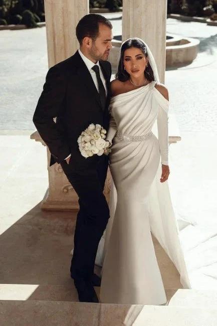 Glamorous one shoulder long sleeves mermaid satin Wedding dress with ruffles by misshow.com