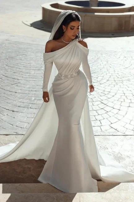 Glamorous one shoulder long sleeves mermaid satin Wedding dress with ruffles by misshow.com
