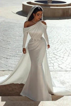 Glamorous one shoulder long sleeves mermaid satin Wedding dress with ruffles by misshow.com