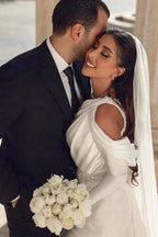 Glamorous one shoulder long sleeves mermaid satin Wedding dress with ruffles by misshow.com