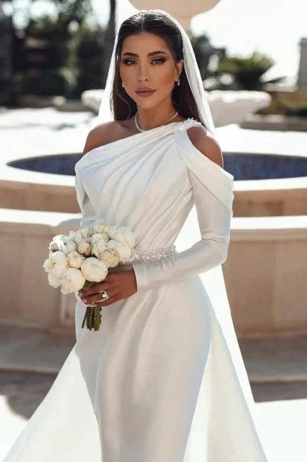 Glamorous one shoulder long sleeves mermaid satin Wedding dress with ruffles by misshow.com