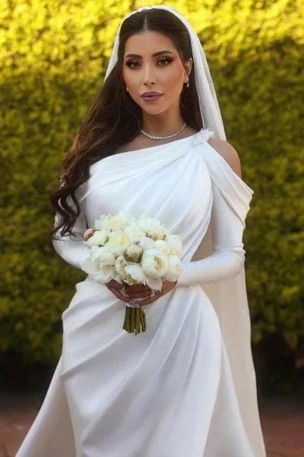 Glamorous one shoulder long sleeves mermaid satin Wedding dress with ruffles by misshow.com