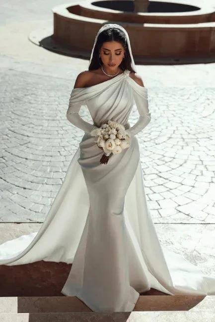 Glamorous one shoulder long sleeves mermaid satin Wedding dress with ruffles by misshow.com