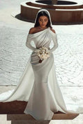 Glamorous one shoulder long sleeves mermaid satin Wedding dress with ruffles by misshow.com