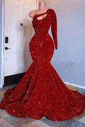 Glamorous Red Long Sleeves One-Shoulder Mermaid Prom Dress Sequins by misshow.com