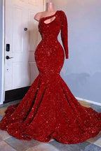 Glamorous Red Long Sleeves One-Shoulder Mermaid Prom Dress Sequins by misshow.com