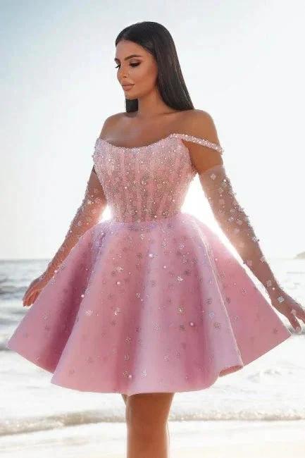 Glamorous Short Pink Cocktail Dresses Off-the-shoulder Glitter Prom Dress With Lace by misshow.com