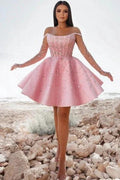 Glamorous Short Pink Cocktail Dresses Off-the-shoulder Glitter Prom Dress With Lace by misshow.com
