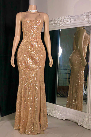 Glamouröses, ärmelloses, langes Meerjungfrau-Ballkleid mit Spaghettiträgern