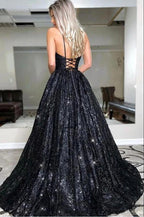 Glamorous Spaghetti-straps Black Sequins Long Evening Prom Dress by misshow.com