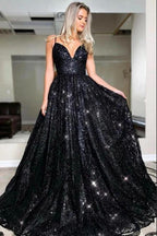 Glamorous Spaghetti-straps Black Sequins Long Evening Prom Dress by misshow.com