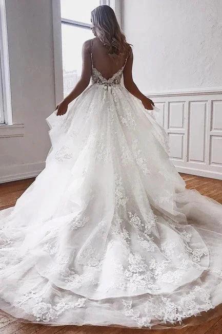 Glamorous Spaghetti-Straps Lace Appliques Tulle A-Line Wedding Dresses by misshow.com