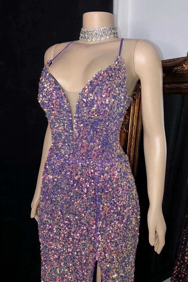 Glamorous Spaghetti Straps V-neck Sequined Sleeveless Prom Dress With Slit by misshow.com