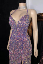 Glamorous Spaghetti Straps V-neck Sequined Sleeveless Prom Dress With Slit by misshow.com