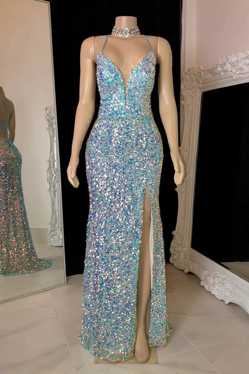 Glamorous Spaghetti Straps V-neck Sequined Sleeveless Prom Dress With Slit by misshow.com