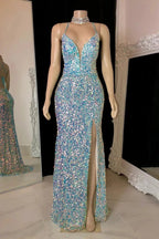 Glamorous Spaghetti Straps V-neck Sequined Sleeveless Prom Dress With Slit by misshow.com