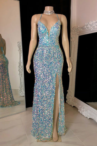 Glamorous Spaghetti Straps V-neck Sequined Sleeveless Prom Dress With Slit