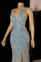 Glamorous Spaghetti Straps V-neck Sequined Sleeveless Prom Dress With Slit by misshow.com