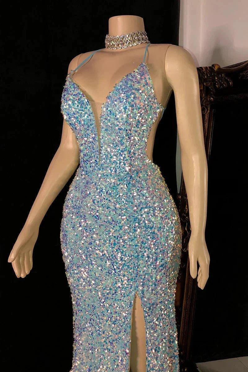 Glamorous Spaghetti Straps V-neck Sequined Sleeveless Prom Dress With Slit by misshow.com