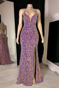 Glamorous Spaghetti Straps V-neck Sequined Sleeveless Prom Dress With Slit by misshow.com