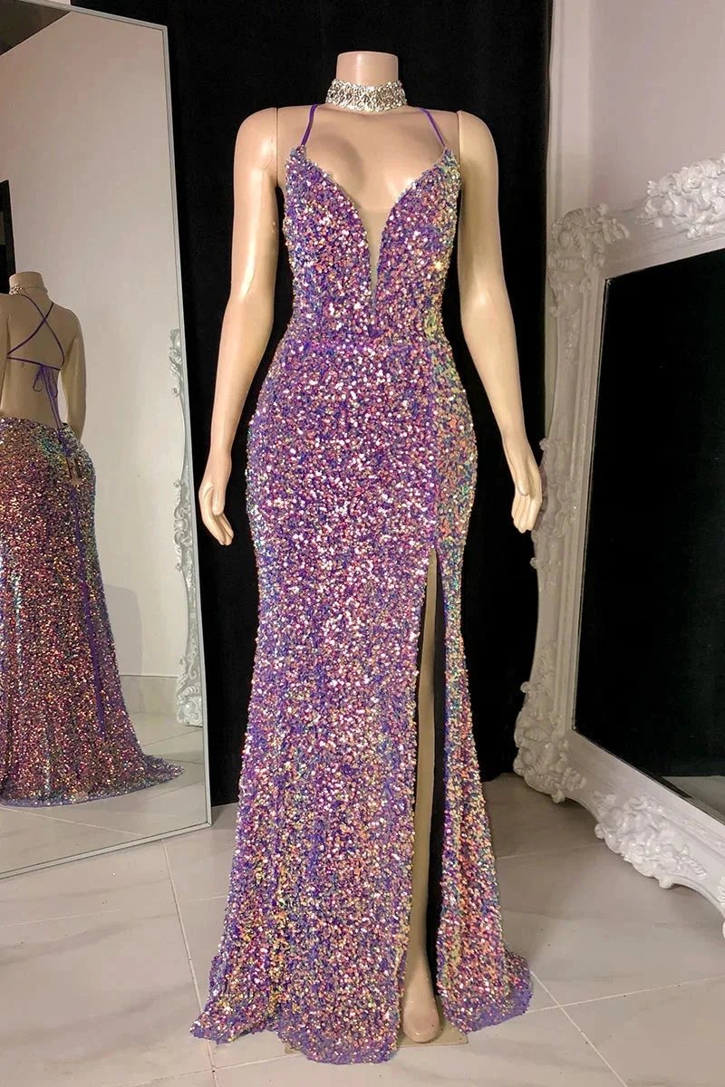 Glamorous Spaghetti Straps V-neck Sequined Sleeveless Prom Dress With Slit by misshow.com